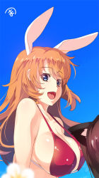 Rule 34 | 1girl, :d, animal ears, bikini, blue eyes, breasts, brown hair, charlotte e. yeager, collarbone, large breasts, matsuzou, open mouth, orange hair, rabbit ears, rabbit girl, sideboob, smile, solo, strap gap, strike witches, swimsuit, upper body, world witches series, yuuji (yukimimi)