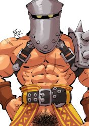 Rule 34 | 1boy, abs, armor, bara, chest belt, chrono cross, helmet, highres, large pectorals, looking at viewer, male focus, male pubic hair, muscular, muscular male, navel, navel hair, out-of-frame censoring, pauldrons, pectoral cleavage, pectorals, pelvic curtain, pubic hair, scar, scar on chest, shirako (kirupi), shoulder armor, single pauldron, solo, stomach, veins, zoah