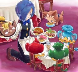 Rule 34 | 10s, 1boy, ^ ^, annotation request, apron, bib, blue eyes, blue hair, bow, bowl, bowtie, chair, closed eyes, corn, creature as food, creatures (company), cress (pokemon), dual wielding, eating, farfetch&#039;d, food, fork, game freak, gen 1 pokemon, gen 2 pokemon, gen 5 pokemon, gym leader, hair over one eye, happy, holding, hopip, hoppip, hoppip (cameo), ice, ice cream, indoors, kneeling, knife, lillipup, napkin, nintendo, open mouth, panpour, pansage, pansear, paras, parted lips, plate, pokemoa, pokemon, pokemon (creature), pokemon bw, sitting, slowpoke, slowpoke (cameo), smile, stunfisk, table, tablecloth, traditional bowtie, waiter