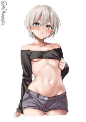Rule 34 | 1girl, alternate costume, aqua eyes, bare shoulders, black shirt, blush, breasts, collarbone, commentary request, cowboy shot, cropped shirt, denim, denim shorts, ebifurya, hair between eyes, highres, kantai collection, long sleeves, looking at viewer, navel, off shoulder, shirt, short hair, short shorts, shorts, simple background, small breasts, solo, stomach, twitter username, underboob, white background, white hair, z1 leberecht maass (kancolle)