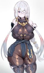 Rule 34 | 1girl, atelier (series), atelier ryza, atelier ryza 1, belt, blue belt, blush, bodystocking, bodysuit, breasts, cleavage, crossed bangs, hair ornament, hairclip, highres, hood, hooded vest, hoodie, huge breasts, leather belt, lila decyrus, long hair, looking at viewer, low twintails, purple eyes, shiny skin, silver hair, simple background, skin tight, solo, standing, thick thighs, thighs, tsukunendo, twintails, vest, white background