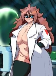 Rule 34 | 1girl, absurdres, android 21, black thighhighs, blue eyes, blush, breasts, brown hair, coat, dragon ball, dragon ball fighterz, emboquo, female focus, female pubic hair, glasses, hands in pockets, highres, jacket, large breasts, long hair, looking at viewer, naked coat, navel, partially undressed, pubic hair, smile, solo, thighhighs