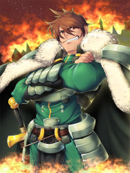 Rule 34 | 1boy, armor, bad id, bad pixiv id, brown hair, cape, fire, gauntlets, koflif, male focus, manly, rance, rance (series), red eyes, solo, sword, weapon
