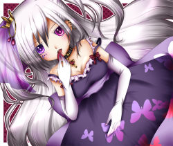 Rule 34 | 1girl, blush, bow, breasts, bug, butterfly, cleavage, dress, earrings, elbow gloves, female focus, food, fruit, gloves, heart, heterochromia, bug, jewelry, long hair, lying, necklace, off shoulder, on back, open mouth, original, pink eyes, purple eyes, ribbon, side ponytail, solo, strawberry, veil, white hair