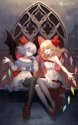 Rule 34 | 2girls, :d, ;), absurdres, adapted costume, alternate costume, bat wings, black thighhighs, blonde hair, blue hair, closed mouth, commentary, crystal, dated, dress, flandre scarlet, frilled dress, frills, full body, furahata gen, hair between eyes, hair ribbon, highres, long sleeves, looking at viewer, mary janes, medium hair, moon, multiple girls, no headwear, off-shoulder dress, off shoulder, one eye closed, open hand, open mouth, pantyhose, ponytail, red eyes, red footwear, red moon, red ribbon, remilia scarlet, ribbon, shoes, short hair, siblings, signature, sisters, sleeveless, sleeveless dress, smile, thighhighs, touhou, white dress, white pantyhose, window, wings