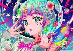 Rule 34 | 1girl, absurdres, alien, blue eyes, candy, chama kou, ear piercing, earrings, eyelashes, fishbowl helmet, flower, food, gradient hair, green hair, gun, gyaru, hair flower, hair ornament, hands up, helmet, highres, holding, holding gun, holding weapon, jewelry, lipstick, looking at viewer, makeup, mixed-language commentary, multicolored eyes, multicolored hair, nail polish, original, piercing, purple hair, short hair, solo, space helmet, sticker, weapon