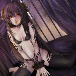 Rule 34 | 1girl, bad id, bad pixiv id, bottomless, bracelet, brown hair, cage, demon girl, horns, jewelry, long hair, navel, original, rabbit19, red eyes, solo, demon girl, tattoo, thighhighs