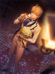 Rule 34 | 1boy, ;), ahoge, arthur pendragon (fate), arthur pendragon (white rose) (fate), artist name, blonde hair, blue necktie, bouquet, card, closed mouth, collared shirt, commentary request, fate/grand order, fate/prototype, fate/prototype: fragments of blue and silver, fate (series), flower, formal, from above, full body, gold trim, green eyes, highres, holding, holding bouquet, holding card, holding flower, jacket, long sleeves, looking at viewer, looking up, male focus, necktie, nollxmai, official alternate costume, one eye closed, pants, ribbon, rose, shirt, short hair, smile, solo, sparkle, striped clothes, striped shirt, suit, tie clip, vertical-striped clothes, vertical-striped shirt, waistcoat, weibo watermark, white flower, white footwear, white jacket, white pants, white rose, white suit