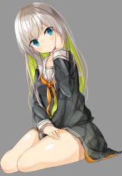 Rule 34 | 1girl, black skirt, blonde hair, blue eyes, blush, grey background, kavka, long hair, looking at viewer, multicolored hair, neckerchief, orange neckerchief, original, silver hair, skirt, solo, two-sided fabric, two-sided skirt, two-tone hair