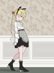 Rule 34 | 1girl, animal ears, ankle boots, apron, arm behind back, black footwear, black hairband, black skirt, blonde hair, blue eyes, blush stickers, boots, cat ears, closed mouth, from side, full body, gishiki (gshk), hairband, high heel boots, high heels, highres, kill me baby, long hair, long sleeves, looking down, shirt, skirt, solo, sonya (kill me baby), twintails, waist apron, walking, white shirt
