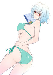 Rule 34 | 10s, 1girl, ass, bad id, bad pixiv id, bikini, blue hair, blush, breasts, butt crack, covered erect nipples, folding fan, hand fan, hand on own hip, highres, infinite stratos, large breasts, looking at viewer, looking back, parted lips, red eyes, sarashiki tatenashi, shiny skin, short hair, side-tie bikini bottom, sideboob, silver hair, simple background, sketch, smile, solo, strap gap, swimsuit, underboob, white background, zucchini