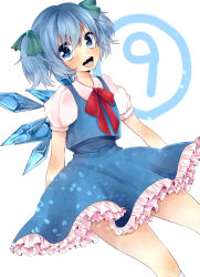 Rule 34 | 1girl, ai (boredom), alternate hairstyle, blue eyes, blue hair, blush, circled 9, cirno, hair ribbon, highres, ice, ice wings, looking at viewer, matching hair/eyes, open mouth, petticoat, puffy sleeves, ribbon, shirt, short sleeves, simple background, skirt, skirt set, smile, solo, touhou, twintails, vest, white background, wings
