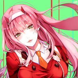 Rule 34 | 10s, 1girl, aqua eyes, blush, breasts, buttons, darling in the franxx, feelyou98, green eyes, hairband, highres, horns, long hair, looking at viewer, medium breasts, necktie, pink hair, simple background, solo, uniform, zero two (darling in the franxx)
