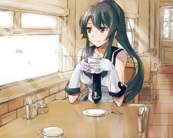 Rule 34 | 10s, 1girl, anchor symbol, black hair, chair, cherry blossoms, cup, elbows on table, gloves, indoors, kantai collection, light rays, looking outside, mug, plate, ponytail, sitting, smile, solo, spoon, steam, sunbeam, sunlight, teacup, tsuta no ha, yahagi (kancolle)