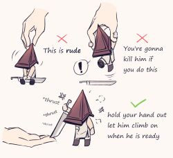 Rule 34 | !, 1boy, boots, chibi, edith lanzhen, english text, gloves, helmet, highres, holding, holding sword, holding weapon, how to hold x (meme), male focus, meme, pants, pyramid head, silent hill (series), silent hill 2, sword, weapon, white gloves, white pants