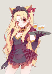 Rule 34 | 1girl, absurdres, alternate costume, animal ears, apron, black apron, black dress, black gloves, blonde hair, blush, bow, bowtie, breasts, cat ears, cup, detached collar, dress, drinking glass, earrings, elbow gloves, ereshkigal (fate), fate/grand order, fate (series), frills, gloves, gold trim, grey background, hair bow, highres, hoop earrings, infinity symbol, jewelry, long hair, looking at viewer, maid headdress, medium breasts, open mouth, parted bangs, red bow, red eyes, short dress, solo, standing, tanako (645316096), thighs, tray, two side up, yellow bow, yellow bowtie