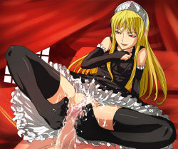 Rule 34 | 00s, 1girl, bed, black thighhighs, blonde hair, bridal gauntlets, censored, cum, cum on body, cum on clothes, cum on lower body, dress, ejaculation, feet, footjob, fura, hime (kaibutsu oujo), jpeg artifacts, kaibutsu oujo, lingerie, long hair, naughty face, no panties, no shoes, penis, petticoat, pov, red eyes, smile, solo focus, spread legs, thighhighs, tiara, toes, underwear, very long hair, window