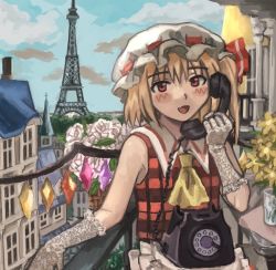 Rule 34 | 1girl, antique phone, ascot, blonde hair, blue sky, blush, building, cloud, cloudy sky, column, commentary, crystal, cup, day, drinking glass, eiffel tower, elbow gloves, fang, flandre scarlet, flower, glass, gloves, hat, hat ribbon, holding, house, looking at viewer, mob cap, one side up, open mouth, outdoors, paris, phone, pillar, plaid, plaid shirt, plaid vest, plant, red eyes, red shirt, ribbon, rotary phone, scenery, shirt, short hair, side ponytail, skin fang, sky, sleeveless, smile, solo, touhou, tree, vest, white hat, window, wings, yellow ascot, yuyukosama17