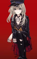 Rule 34 | 1girl, absurdres, black choker, black hat, black jacket, black pants, choker, closed mouth, commentary, girls band cry, gradient background, grey eyes, hat, highres, jacket, jewelry, kawaragi momoka, light brown hair, long hair, looking at viewer, multiple rings, pants, pinky out, red background, red skirt, ring, skirt, smile, solo, tomare (akashingou), torn clothes, torn pants