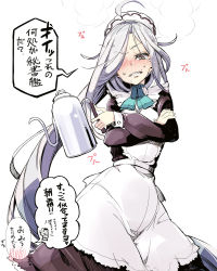 Rule 34 | 10s, 1boy, 1girl, admiral (kancolle), ahoge, alternate costume, apron, asashimo (kancolle), blush, brown eyes, clenched teeth, crossed arms, enmaided, hair over one eye, hidori (hibi toridori), highres, kantai collection, long hair, looking at viewer, maid, maid apron, maid headdress, ponytail, sharp teeth, silver hair, simple background, steam, sweatdrop, teapot, teeth, white background