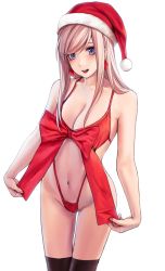 Rule 34 | 1girl, applekun, bikini, black thighhighs, blue eyes, bow, breasts, christmas, cleavage, earrings, fate/grand order, fate (series), hair down, hat, highres, jewelry, leaf, long hair, maple leaf, medium breasts, miyamoto musashi (fate), miyamoto musashi (fate/grand order), miyamoto musashi (swimsuit berserker) (fate), navel, open mouth, pink hair, red bow, revealing clothes, santa bikini, santa hat, simple background, slingshot swimsuit, solo, straight hair, swimsuit, thighhighs, white background