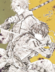 Rule 34 | 2boys, brown hair, closed mouth, coat, commentary request, cowboy shot, dated, doudanuki masakuni, frown, greyscale with colored background, hair between eyes, holding, holding sword, holding weapon, katana, looking at viewer, male focus, multiple boys, otegine, pants, scar, scar on face, scar on nose, shirt, short hair, signature, smile, sword, tokio (okt0w0), touken ranbu, weapon, yellow background, yellow eyes