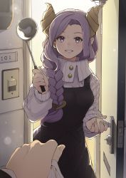 Rule 34 | 1girl, nanashi inc., absurdres, apron, bag, black apron, blush, breasts, commentary, cowboy shot, demon girl, demon horns, door, doorbell, doorway, goten (510gensoku), hair ornament, heart, heart hair ornament, highres, holding, holding bag, holding ladle, honey strap, horns, ladle, long braid, long hair, long sleeves, looking at viewer, medium breasts, mole, mole under mouth, opening door, out of frame, parted lips, pov, pov doorway, purple eyes, purple hair, saionji mary, smile, solo focus, sweater, virtual youtuber