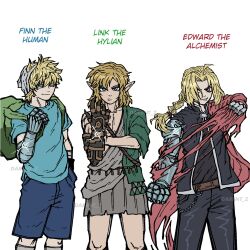 Rule 34 | 3boys, adventure time, artist name, backpack, bag, belt, blonde hair, blue eyes, chain, coat, darent z, denim, edward elric, feet out of frame, finn the human, fullmetal alchemist, highres, jacket, jeans, link, long hair, looking at viewer, male focus, mechanical arms, multiple boys, nintendo, one eye closed, pants, pointy ears, ponytail, shirt, shorts, signature, simple background, skirt, smile, spiked hair, the legend of zelda, the legend of zelda: tears of the kingdom, toga, torn clothes, white background
