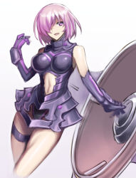 Rule 34 | 1girl, :d, breasts, elbow gloves, fate/grand order, fate (series), gloves, hair over one eye, jonylaser, looking at viewer, mash kyrielight, navel, open mouth, purple eyes, purple gloves, purple hair, shield, short hair, simple background, smile, solo, white background