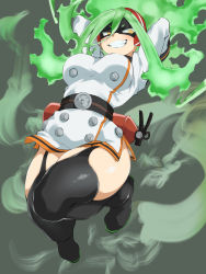 Rule 34 | 1girl, arms behind head, arms up, belt, black belt, black mask, black thighhighs, boku no hero academia, breasts, burnin (boku no hero academia), clenched teeth, curvy, domino mask, eyebrows, eyebrows visible through mask, fangs, fiery hair, fire extinguisher, fukuinu, full body, garter straps, gradient hair, green hair, grin, hair between eyes, hairband, high, highres, jumping, kamiji moe, large breasts, looking at viewer, mask, multicolored hair, simple background, smile, solo, steam, studded, teeth, thick thighs, thighhighs, thighs, underboob, v-shaped eyebrows