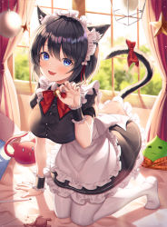 Rule 34 | 1girl, absurdres, animal ears, bauble, bell, black hair, blue eyes, blush, bow, bowtie, breasts, cat ears, cat girl, cat tail, christmas ornaments, fall (aki), fang, highres, kneeling, large breasts, looking at viewer, maid, maid headdress, no shoes, original, short hair, slime (creature), smile, solo, star (symbol), tail, tail bow, tail ornament, white legwear, wrist cuffs