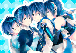 Rule 34 | 4boys, animal ears, bad id, bad pixiv id, bespectacled, blue eyes, blue hair, blue scarf, blush, cat boy, cat ears, cat tail, glasses, kaito (vocaloid), male focus, multiple boys, multiple persona, ousaka nozomi, project diva, project diva (series), project diva 2nd, scarf, smile, tail, vocaloid