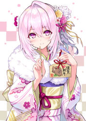 Rule 34 | 1girl, blush, closed mouth, commentary request, cu-no, ema, floral print, flower, fur collar, hair between eyes, hair flower, hair ornament, hair ribbon, hands up, head tilt, hisen kaede, holding, japanese clothes, kanzashi, kimono, long hair, long sleeves, looking at viewer, obi, pig, pink flower, pink hair, pink kimono, print kimono, purple eyes, purple ribbon, ribbon, sash, sidelocks, smile, solo, standing, upper body, white background, white flower, white kimono, wide sleeves, yayoi sakura, yellow flower