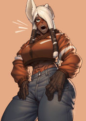 Rule 34 | 1girl, abs, animal ears, blue eyes, breasts, brown hoodie, clip studio paint (medium), commentary, cropped hoodie, dark-skinned female, dark skin, denim, english commentary, hair tubes, highres, hood, hood down, hoodie, jackal ears, jeans, joseph virtuoso, large breasts, long hair, low-tied long hair, mechanical arms, midriff, muscular, muscular female, narrow waist, navel, notched ear, one-eyed, open mouth, original, pants, scar, scar on face, scar on stomach, sidelocks, single animal ear, slit pupils, solo, taiga damada (joseph virtuoso), thick thighs, thighs, thumbs in pockets, white hair