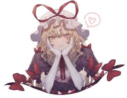 Rule 34 | 1girl, blonde hair, blush, bow, collared dress, commentary, dress, elbow gloves, frilled shirt collar, frills, gap (touhou), gloves, hair between eyes, hands up, hat, hat ribbon, head rest, heart, highres, long hair, looking at viewer, marimo tarou, mob cap, neck ribbon, parted lips, purple dress, purple eyes, red bow, red ribbon, ribbon, short sleeves, simple background, smile, solo, spoken heart, touhou, upper body, white background, white gloves, white hat, yakumo yukari