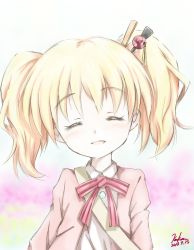 Rule 34 | 10s, 1girl, alice cartelet, blonde hair, blush, closed eyes, dated, facing viewer, female focus, gradient background, highres, kem kem, kin-iro mosaic, signature, smile, solo, twintails, upper body, white background