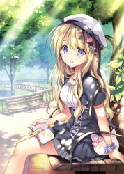 Rule 34 | 1girl, absurdres, black bow, blonde hair, book, book on lap, bow, cat hair ornament, dappled sunlight, day, dress, from side, hair ornament, hat, highres, hinata momo, jewelry, long hair, looking at viewer, necklace, open book, original, outdoors, pink bow, purple eyes, rei (rei&#039;s room), scrunchie, sitting, solo, sunlight, tree, wavy hair, white hat, wrist scrunchie