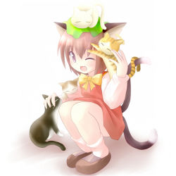 Rule 34 | 1girl, animal, animal ears, animal on head, brown hair, cat, cat ears, cat on head, cat tail, chen, des (namaasi), dress, earrings, female focus, hat, jewelry, multiple tails, on head, one eye closed, purple eyes, short hair, smile, solo, tail, touhou, wink