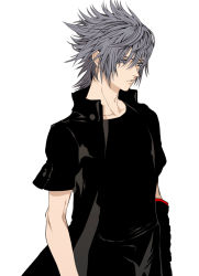 Rule 34 | 10s, 1boy, arm warmers, black hair, expressionless, eyelashes, final fantasy, final fantasy xv, grey eyes, layered clothes, looking away, male focus, noctis lucis caelum, shirt, simple background, single arm warmer, solo, spiked hair, white background, zakki