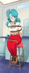 Rule 34 | 1girl, absurdres, arms behind back, bdsm, belt, blue eyes, blue hair, blush, bondage, bound, bound ankles, bound arms, bound wrists, breasts, bulma, capsule corp, dragon ball, dragonball z, gag, gagged, highres, improvised gag, long hair, lost one zero, medium breasts, nail polish, pants, red pants, shirt, tape, tape gag, white shirt