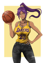 Rule 34 | 1girl, absurdres, basketball, basketball jersey, bleach, breasts, collarbone, commentary, commission, dark-skinned female, dark skin, denim, english commentary, hand on own hip, highres, jeans, large breasts, long hair, looking at viewer, los angeles lakers, pants, parted lips, ponytail, purple hair, rakusakugk, shihouin yoruichi, shirt tucked in, simple background, smile, solo, two-tone background, white background, yellow background, yellow eyes