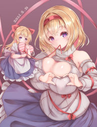 Rule 34 | 2girls, absurdres, alice margatroid, apron, bare shoulders, blonde hair, blue skirt, bow, box, breasts, cleavage, dated, detached sleeves, doll, gift, gift box, grey sweater, hair bow, hairband, heart, heart hands, highres, huge breasts, looking at viewer, mouth hold, multiple girls, purple eyes, red bow, red hairband, red ribbon, ribbon, shanghai doll, short hair, simple background, skirt, sleeping ear, sweater, touhou, turtleneck, turtleneck sweater, valentine, waist apron