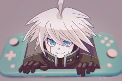 Rule 34 | 1boy, ahoge, android, armor, closed mouth, colored skin, danganronpa (series), danganronpa v3: killing harmony, green eyes, grey background, grey hair, hair between eyes, hands up, highres, k1-b0, mufksin, nintendo switch, power armor, simple background, smile, solo, white skin