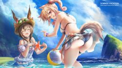 Rule 34 | 2girls, ^ ^, amiya (arknights), animal ears, arknights, ass, bad id, bad twitter id, bare arms, bare shoulders, bikini, bikini skirt, blonde hair, blue sky, breasts, brown hair, closed eyes, cloud, commentary request, day, ears through headwear, facing viewer, flower, hair between eyes, hat, hat flower, highres, holding, jewelry, long hair, looking at viewer, medium breasts, miniskirt, multiple girls, neck ring, off-shoulder shirt, off shoulder, official alternate costume, open mouth, puffy sleeves, rabbit ears, red eyes, revision, shirt, skirt, sky, smile, sora (arknights), sora (summer flowers) (arknights), starfish, sun hat, swimsuit, tail, thighs, twintails, water, wolf ears, wolf tail, yokaze (yokajie)