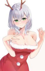 Rule 34 | 1girl, absurdres, antlers, bare shoulders, blush, breasts, cleavage, closed mouth, commentary, dress, fur-trimmed dress, fur trim, green eyes, grey hair, hand on own chest, highres, hololive, horns, large breasts, looking at viewer, medium hair, red dress, reindeer antlers, rimu (user akkm3425), santa dress, shirogane noel, simple background, smile, solo, standing, virtual youtuber, white background