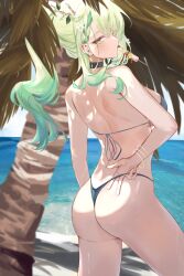 Rule 34 | 1girl, absurdres, antlers, ass, bare shoulders, beach, bracelet, braid, braided bangs, branch, breasts, ceres fauna, choker, flower, food in mouth, green hair, hair flower, hair ornament, highres, hololive, hololive english, horns, jewelry, large breasts, long hair, looking at viewer, mole, mole under eye, multicolored hair, ocean, palm tree, popsicle, popsicle in mouth, solo, streaked hair, swimsuit, thighs, tree, virtual youtuber, xsilentred, yellow eyes