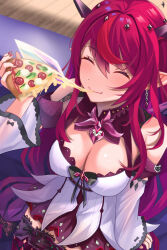 Rule 34 | 1girl, bare shoulders, breasts, cheese trail, cleavage, crystal wings, detached sleeves, detached wings, dress, earrings, eating, food, from above, halo, highres, holding, holding food, holding pizza, hololive, hololive english, horns, irys (irys 2.0) (hololive), irys (hololive), jewelry, large breasts, long hair, long sleeves, multicolored hair, pizza, pizza slice, pointy ears, purple hair, purple nails, purple skirt, red hair, sitting, skirt, smile, solo, star halo, streaked hair, thighhighs, very long hair, virtual youtuber, white dress, wings, zacky, zettai ryouiki