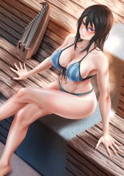 Rule 34 | 1girl, barefoot, bikini, blue bikini, breasts, brown eyes, brown hair, cleavage, closed mouth, commentary, crossed legs, front-tie bikini top, front-tie top, girls und panzer, halterneck, highres, indoors, instrument, kantele, large breasts, long hair, looking to the side, mika (girls und panzer), navel, sauna, sitting, smile, solo, steam, striped bikini, striped clothes, swimsuit, tigern (tigern28502735), vertical-striped bikini, vertical-striped clothes