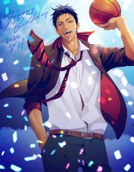 Rule 34 | 1boy, a jou, aomine daiki, arm up, ball, basketball, basketball (object), belt, black jacket, black pants, blazer, blue eyes, blue hair, brown belt, cloud, cloudy sky, collared shirt, confetti, cowboy shot, dark-skinned male, dark skin, dated, hand in pocket, happy birthday, highres, holding, holding ball, jacket, kuroko no basuke, looking at viewer, male focus, necktie, open mouth, pants, red necktie, school uniform, shirt, short hair, sky, sleeves rolled up, solo, standing, teeth, tongue, tongue out, tsurime, white shirt