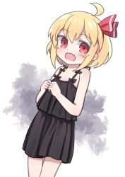 Rule 34 | 1girl, :d, ahoge, bare arms, bare shoulders, black bow, black camisole, black skirt, blonde hair, blush, bow, camisole, dutch angle, fang, hair between eyes, hair ribbon, highres, kibisake, looking at viewer, open mouth, pleated skirt, red eyes, red ribbon, ribbon, rumia, skirt, smile, solo, standing, touhou, white background